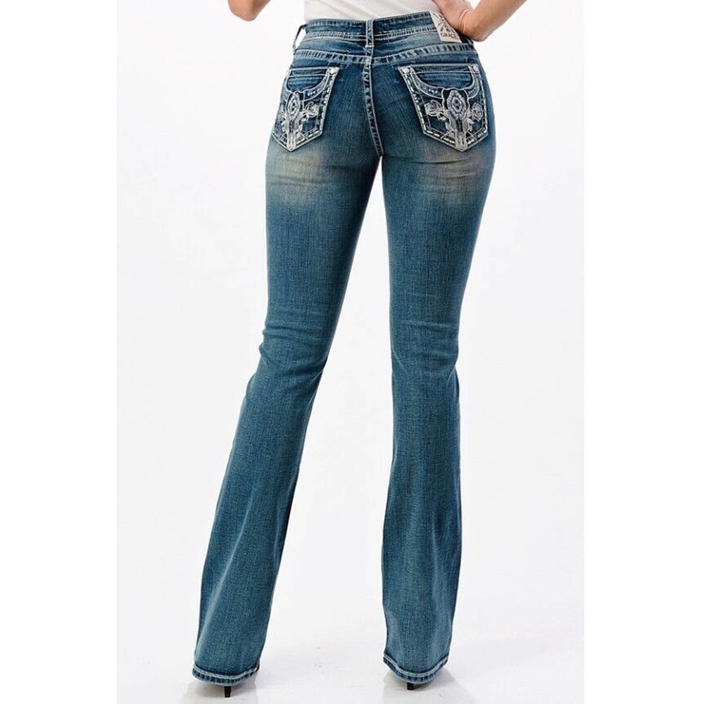 Grace in LA Women's Western Steer Cow Head Embroidered Bootcut Stretch Jeans - Picture 3 of 3